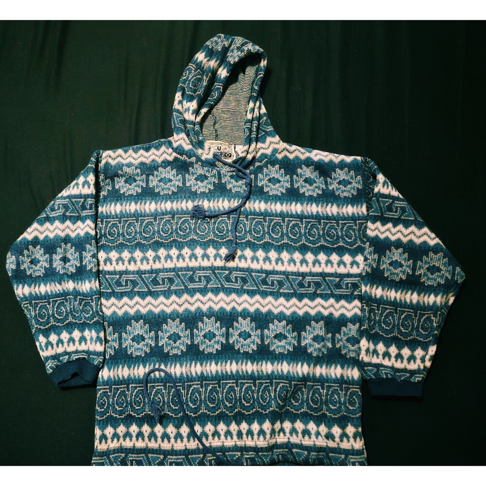 Vintage 90s PAZZO Baja Hoodie Medium Blue Surf Skate Aztec Tribial Knit Rare Rad